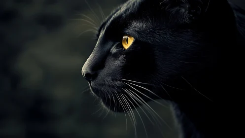 Black Cat Profile with Golden Eyes Piercing Darkness