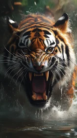 Fierce tiger surges through wild water in powerful motion