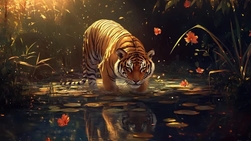 Moonlit tiger stalks through a flower-lit jungle pond