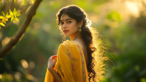 Woman in yellow saree stands outdoors in backlit greenery
