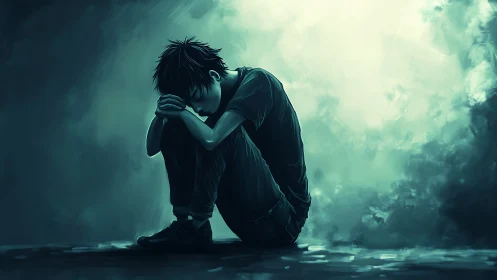 Solitary figure in cyan diffusion lighting, digital study.