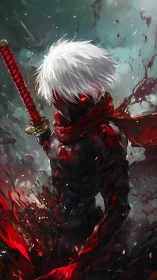 Crimson-eyed warrior rises, wrapped in shadows and scarlet fury