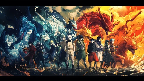 Human figures stand aligned before large elemental beasts