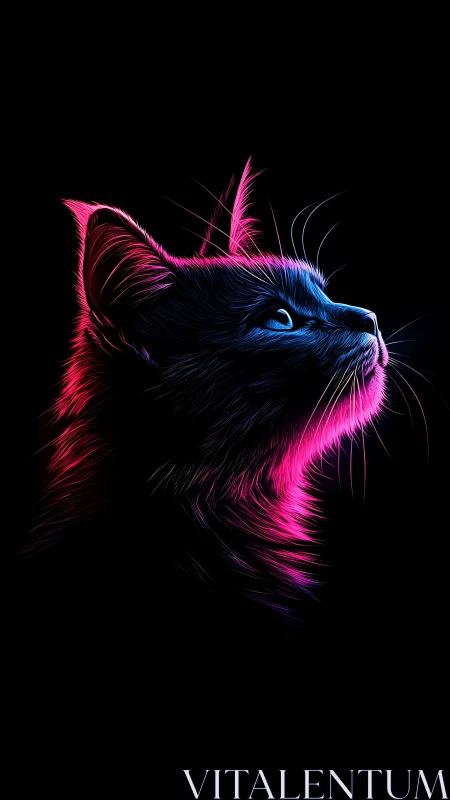 Neon side-lit cat portrait in vivid pink and blue glow.