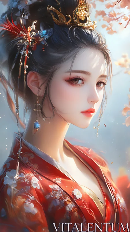 Digital portrait depicts woman in ornate red traditional attire