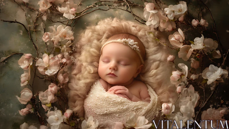 Sleeping Newborn Surrounded by Blooming Cherry Flowers.
