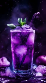 Neon Purple Beverage with Mint Garnish and Cosmic Background