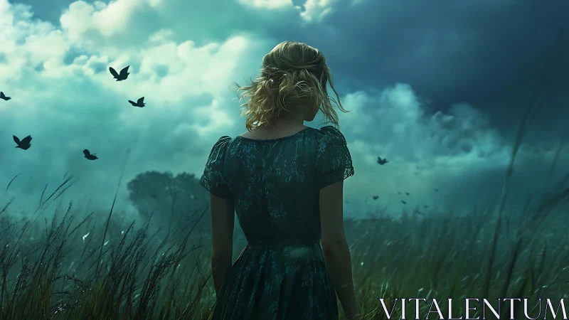 Quiet girl in a stormy meadow watching birds rise skyward.