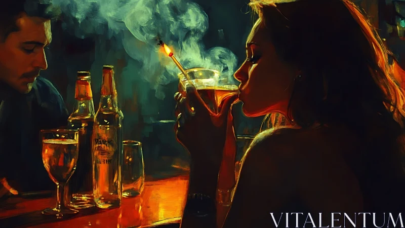 Low key bar interior with smoking woman and reflective glassware.