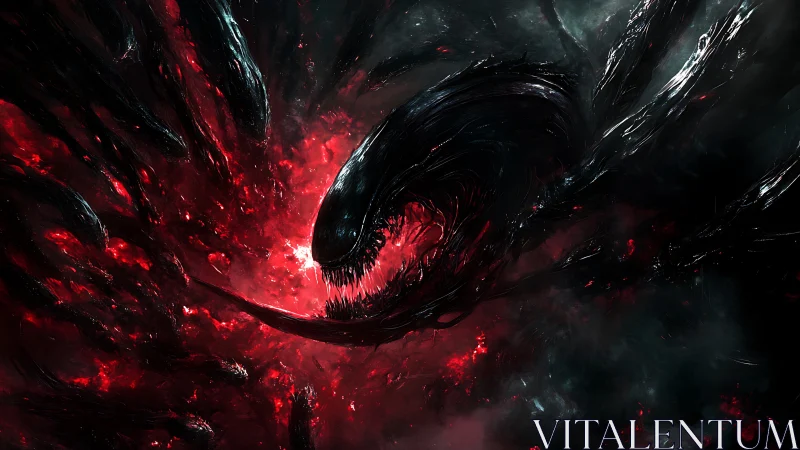 Xenomorphic void predator in eruptive crimson singularity.