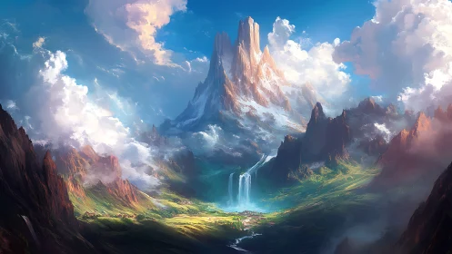 Mountainous valley landscape with towering central peak.