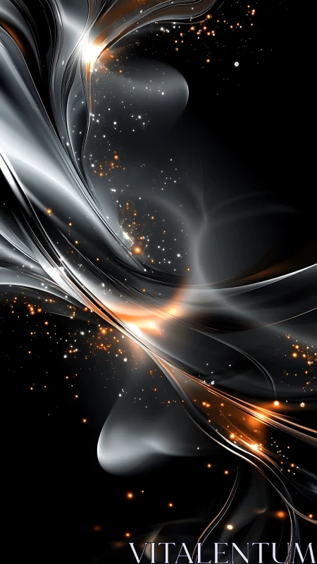 Liquid silver ribbons with glowing ember particles in void.