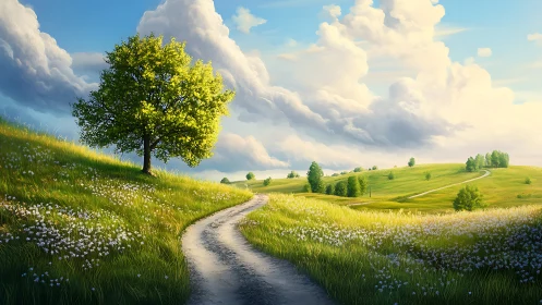 Curving dirt road crosses sunlit meadow hills under clouds