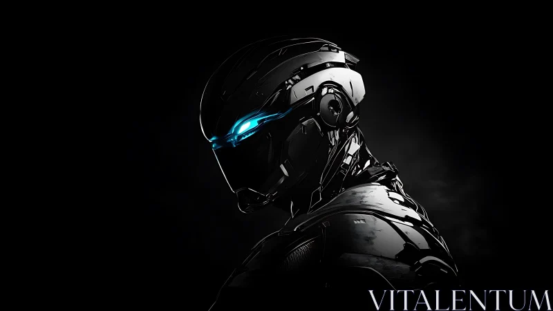 Cyberpunk exosuit portrait with luminous visor highlights.