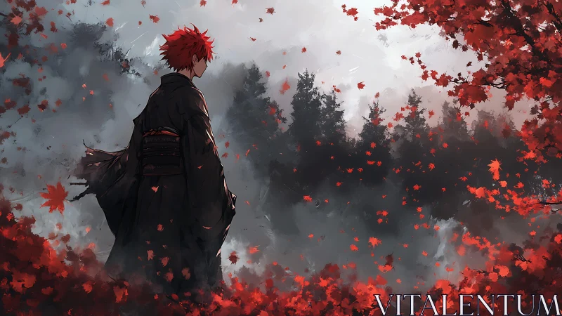 Red-haired wanderer stands in misty autumn forest of fire.