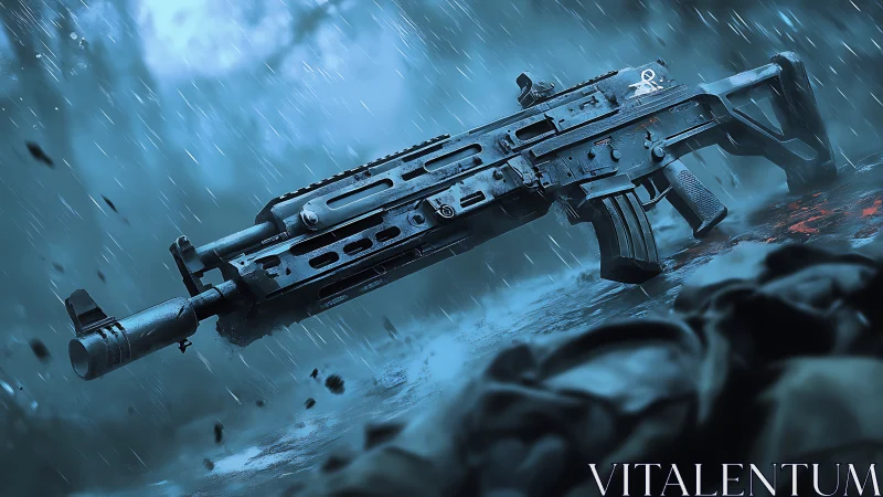Tactical carbine rendered in rain soaked battlefield tableau.