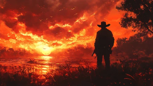 Lone cowboy silhouette facing blazing red sunset sky.
