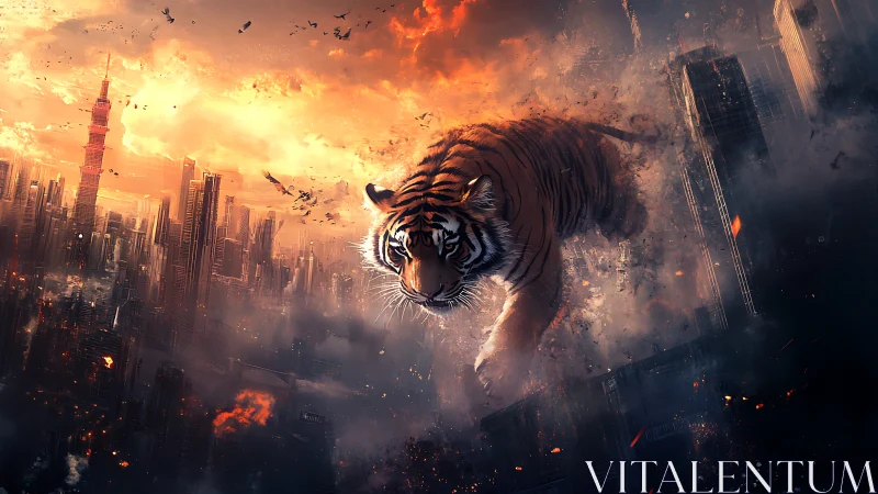 Roaring tiger spirit strides through a burning future cityscape