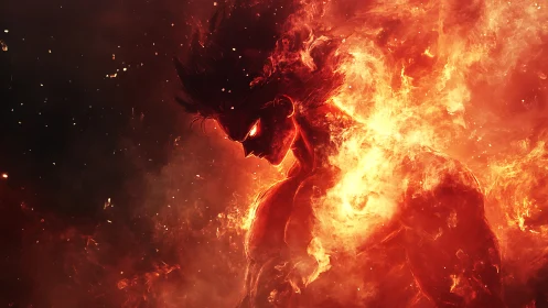 Flaming anime warrior emerging from swirling inferno blaze.