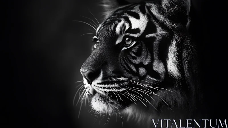Tiger portrait in dramatic monochrome light conveys raw focus