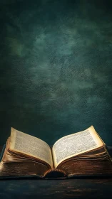 Antique open book on dark textured studio background.