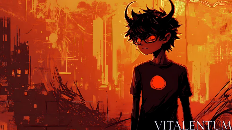 Horned boy silhouette against molten orange cityscape.