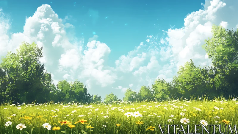 Wildflower meadow under cumulus clouds and blue sky.