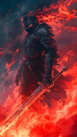 Fire-forged armored warrior strides through swirling flames