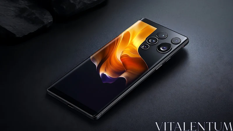 Premium Smartphone with Quad Camera Array and Flowing Orange Abstract Display.