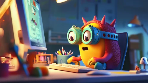 Cartoon creature with goggles types at a desktop computer