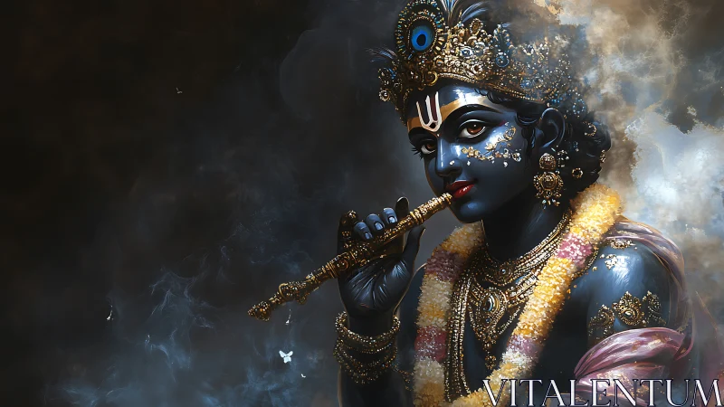 Blue skinned deity with flute in ornate golden attire.