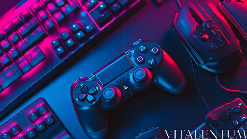 Gaming controller and peripherals under neon lighting.