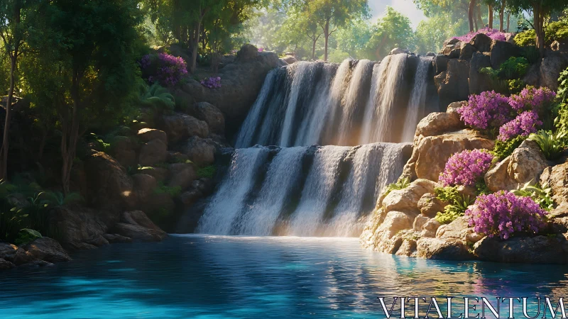 Layered forest waterfall with chromatic floral rock terraces.