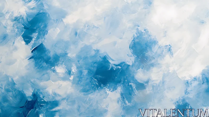 Abstract blue and white brushstroke cloudscape painting.