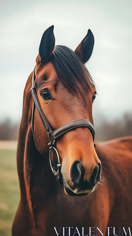 Soft-eyed chestnut horse quietly studies the windy pasture