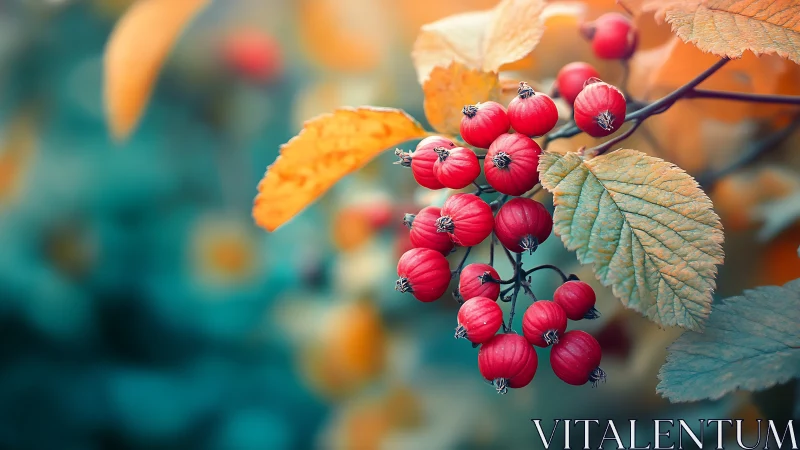 Macro cluster of red berries with teal bokeh foliage background