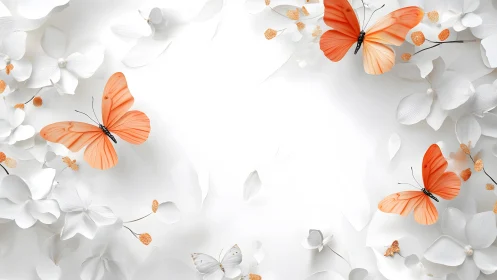 Elegant Orange Butterflies with White Floral Background, Modern Art.
