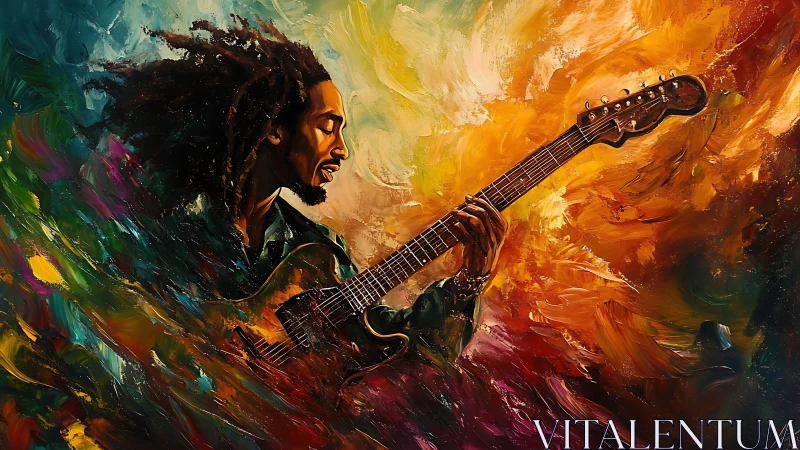 Expressive guitarist in swirling chromatic oil abstraction.