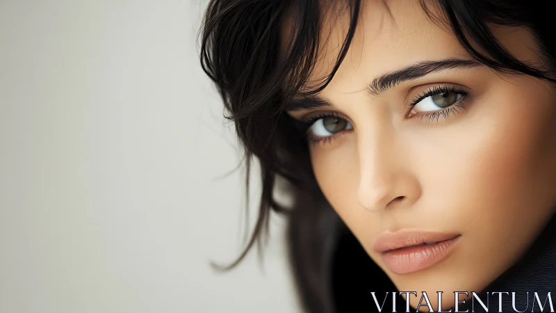 Close-up portrait captures intense gaze and soft contours.