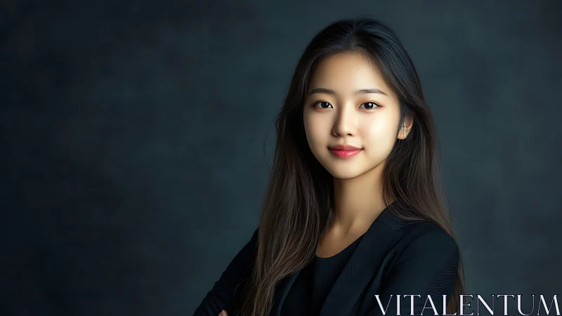 Confident young woman in sleek dark blazer portrait.