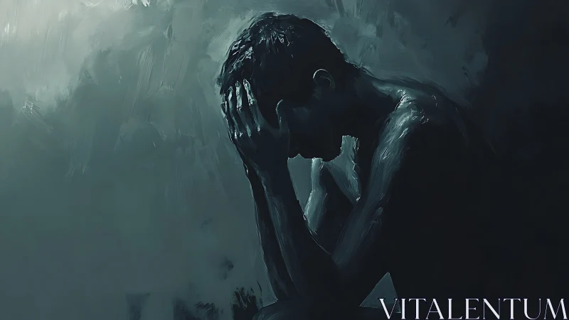 Solitary figure bows head in shadowed teal gloom