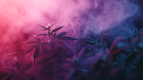 Cannabis foliage illuminated by magenta and cyan cinematic haze