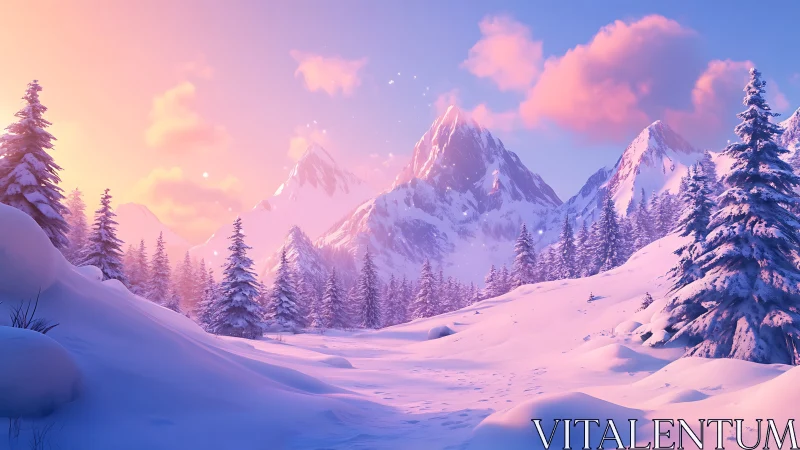 Snowy silence hums beneath pastel sunrise over bold peaks