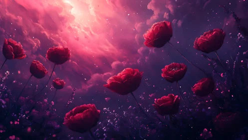 Crimson Blooms Dancing Through Dreamlike Purple Mist.