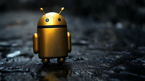 Cinematic 3D golden Android mascot on wet urban pavement.