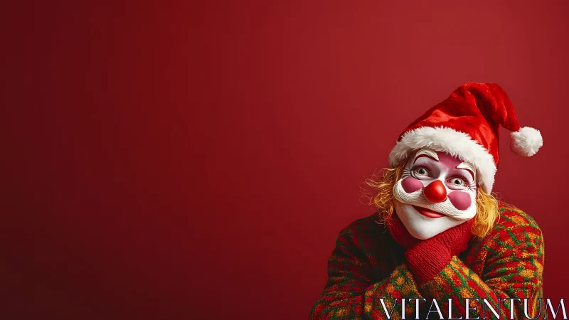Whimsical Christmas clown in Santa hat on red backdrop.