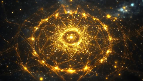 Starlit golden mandala ignites a celestial circuitry halo.