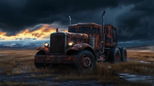 Rusted semi truck stands in stormy tundra under dramatic sky