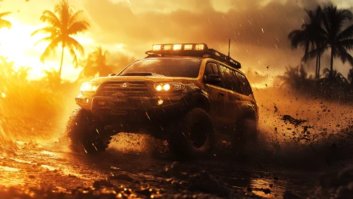 Off-road SUV driving through muddy track at sunset rain.
