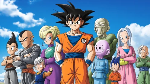 Anime warrior group lineup under bright blue sky.